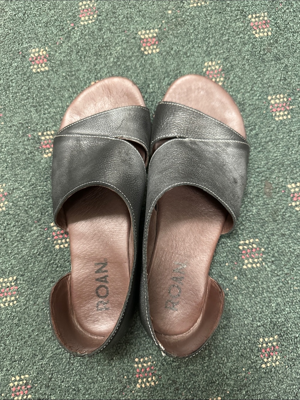Roan Women’s Black Leather Slide Sandals with Brown Footbed